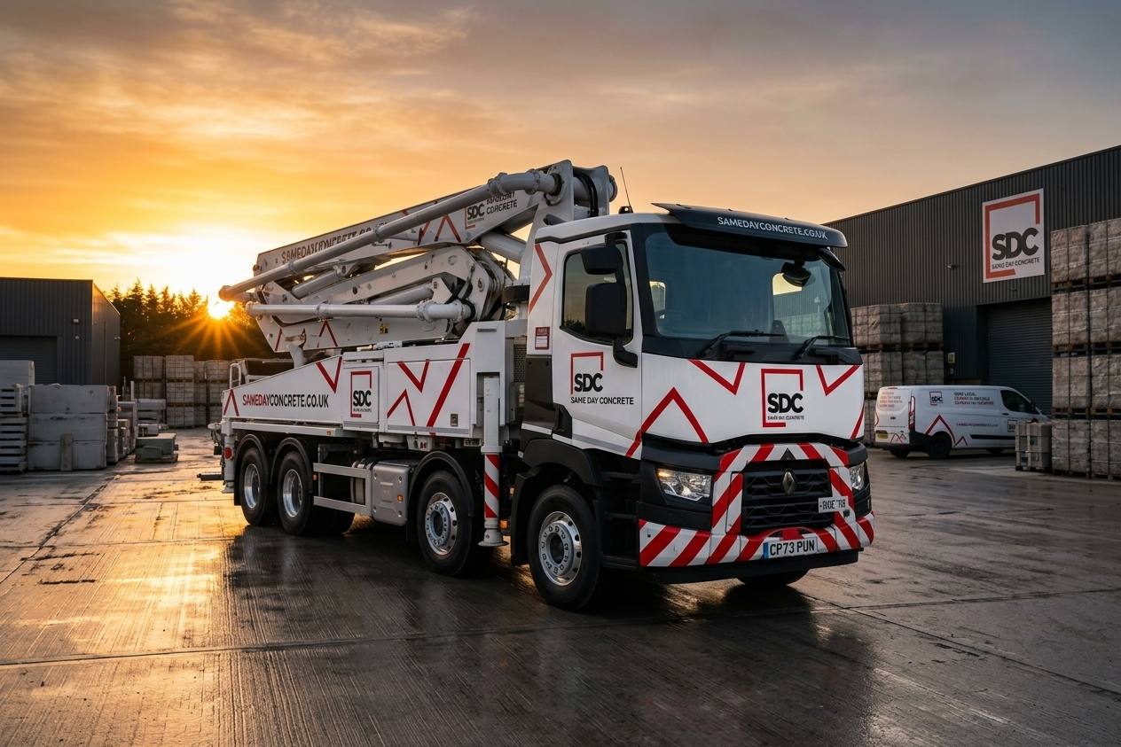 Same Day Concrete boom pump truck in the yard