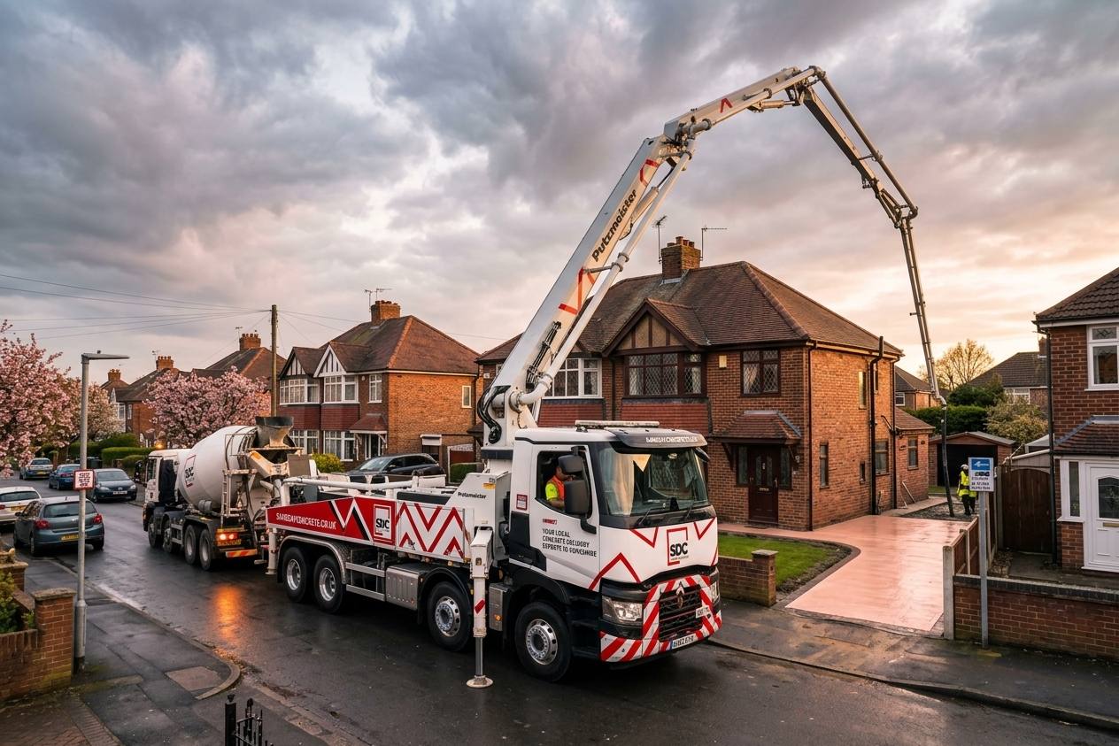 Same Day Concrete pump truck with boom extended over a house